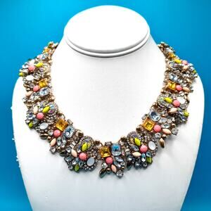 Pastel Clear Rhinestone Collar Necklace, Gold Tone, Link Wide Necklace